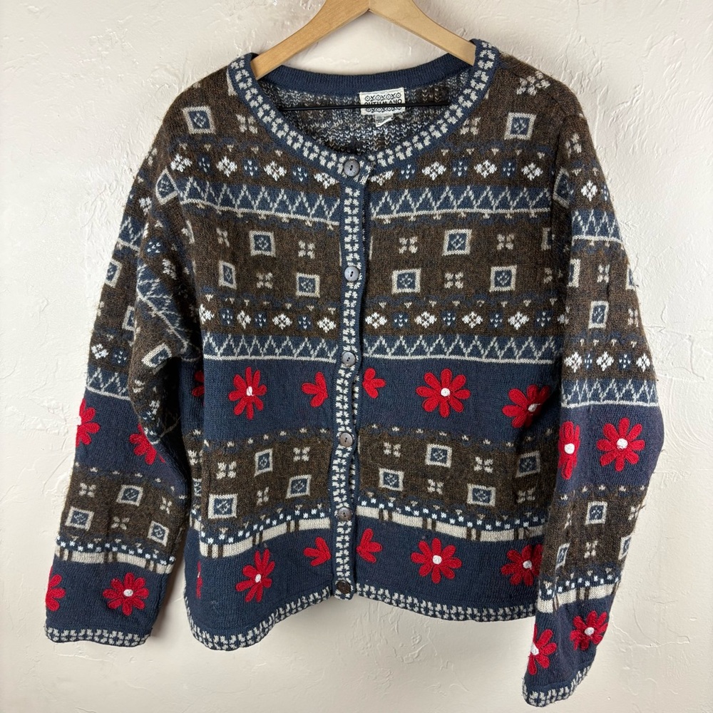 Vintage Putumayo Wool Brown Blue Patterned Cardigan with Red Flowers Fair Isle